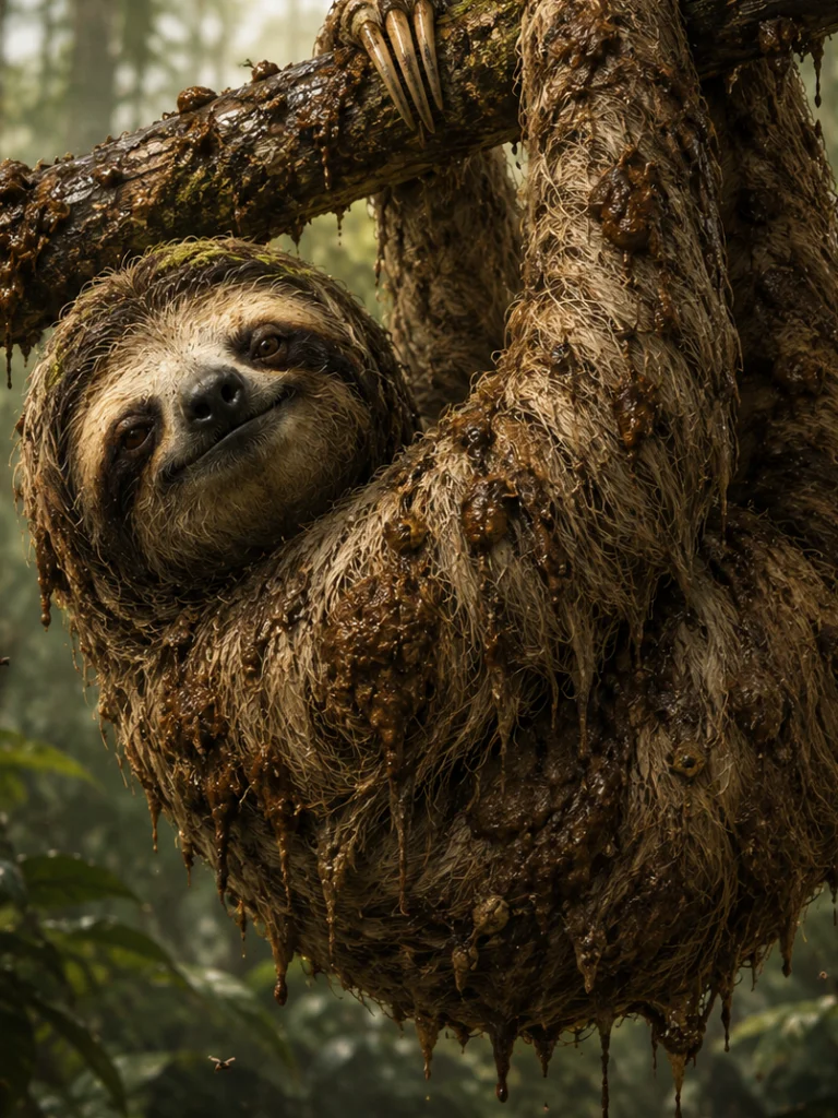 A regular three toed sloth, but it's fur is covered is poop